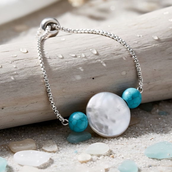 🆕️ Baroque Pearl Turquoise Beaded Adjustable Bracelet 18K White Gold Plated - Picture 6 of 10